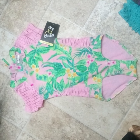 Pink tropical zip swim + swim arm bands - Picture 1 of 4